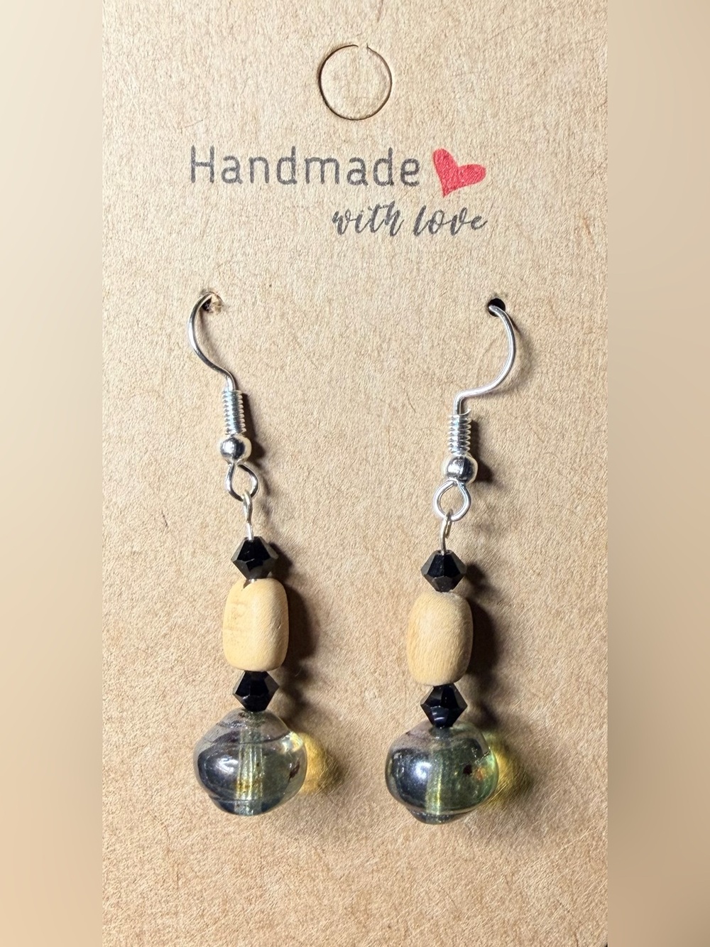 Handmade Women’s Dangle Earrings in Black and Natural Wood with Iridescent Glass